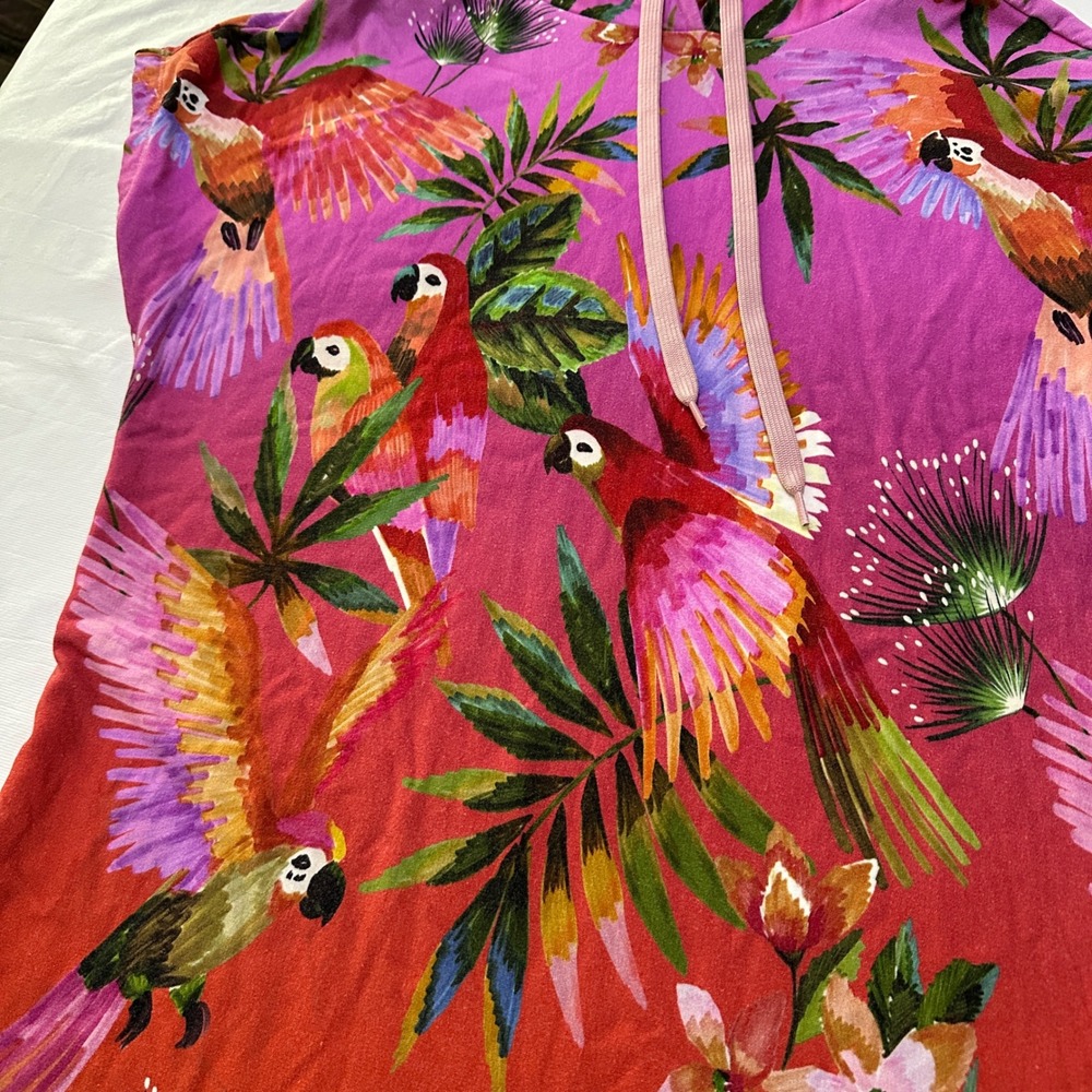 Farm Rio Hooded Sweatshirt Tunic Dress Macaw Small Tropical Boho Cozy Maximalist - Picture 8 of 10